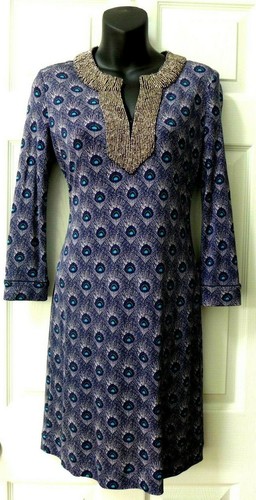 Abito a tubino Tory Burch blu navy con perline piuma di pavone seta jersey XS NUOVO