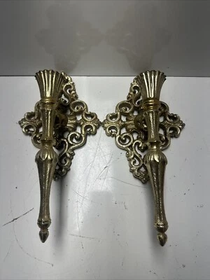Pair Of Ornate Hollywood Regency Style Brass Wall Sconces MCM - Image 1 of 4