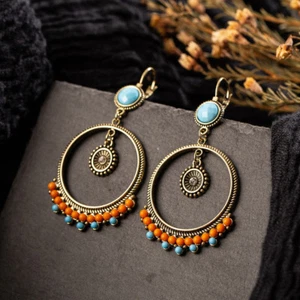 New Vintage Ethnic Big Round Hollow Turquoise Drop Dangle Clip-On Women Earrings - Picture 1 of 10