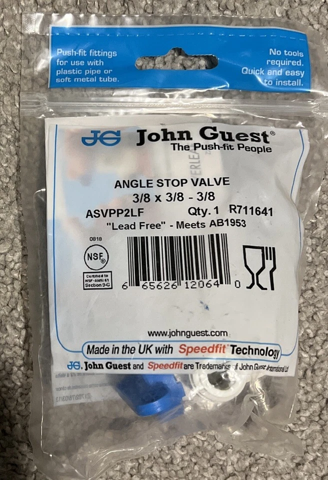 John Guest ASVPP2LF Angle Stop Adapter Valve Push-to-Connect 3/8in x 3/8in x 3/8 - Image 1 of 1