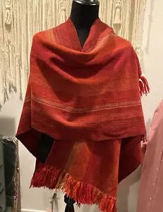 Alpaca Wool Poncho Wrap Women Handmade Red Magenta Orange 47.5x35 Boho Colorful - Picture 1 of 11