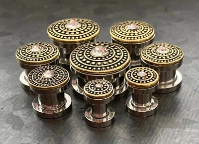 PAIR Gold or Silver Gem Centered Shield Top Steel Screw Fit Flesh Tunnels Plugs - Image 1 of 2