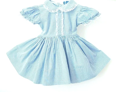 VINTAGE BABY  GIRLS  BLUE GINGHAM  PARTY DRESS 1950 - Image 1 of 4