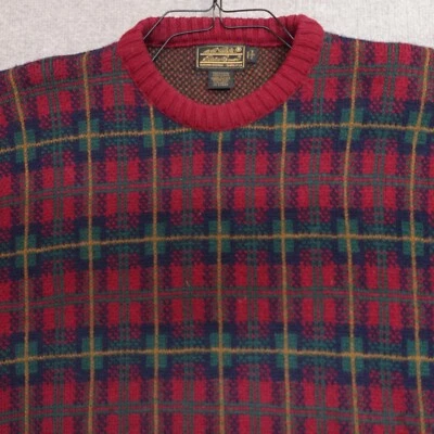 复古 Eddie Bauer 毛衣大号红色绿色格子 100% 羊毛 — 第 1/4 张图片