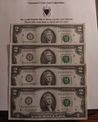 Four $2 Dollar Star notes In sequence Nice and crispy. J&M Tarantula Lot #002 - Image 1 of 4