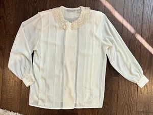 Vintage 80s Pleated Sheer Blouse Lace Peter Pan Collar Ivory Women’s Sz 4 - Picture 1 of 7