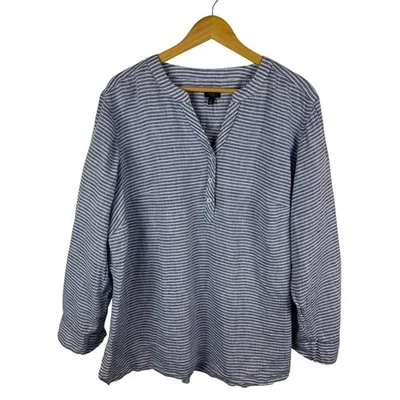 Talbots Linen Band Collar Popover Top Size 3XP Blue Sweet Stripe Coastal Preppy - Image 1 of 4