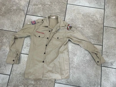 Camisa uniforme escoteiro vintage BSA tamanho 16 cáqui bronzeado manga longa - Imagem 1 de 4