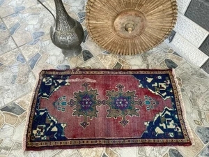 Tappeto Oushak turco vintage, 1x3 piedi terracotta fatto a mano lana antico... - Foto 1 di 16
