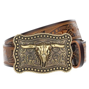 Cinture western in pelle per uomo cintura da cowboy uomo cinture con fibbia toro incisa - Foto 1 di 6