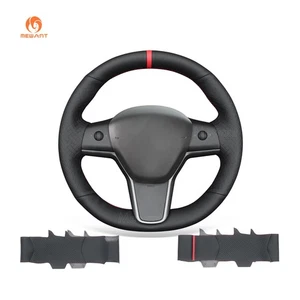 MEWANT Black Embossed PU Leather Steering Wheel Wrap for Tesla Model 3 Model Y - Picture 1 of 10