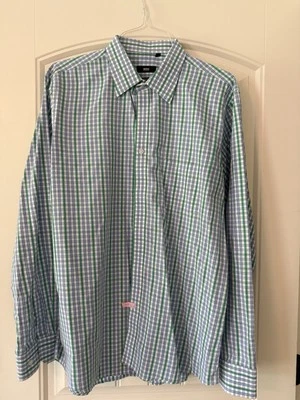 Camisa social masculina Boss Hugo Boss, tamanho 16 3/4, 44. Xadrez azul e verde. - Imagem 1 de 4