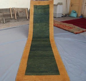 2x9 Vintage Afghan Gabbeh Runner – Minimalist Green & Gold Solid Design. - Picture 1 of 13