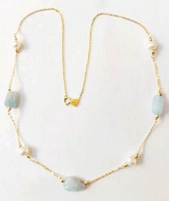 Collana in argento 925 laminata in oro con acquamarina perle ed ematite dorata - Immagine 1 di 4