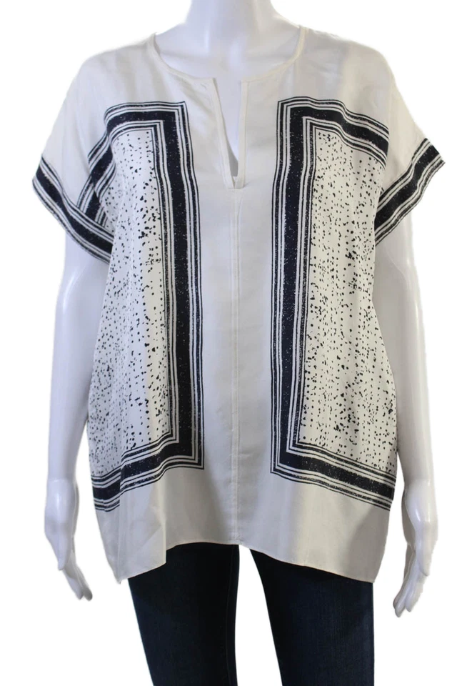 Blusa túnica Vince feminina preta seda geométrica manga curta tamanho M - Imagem 1 de 4