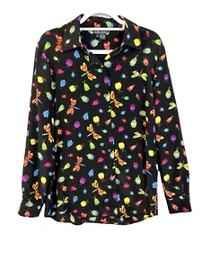 Ann May Silk Blouse Women Medium Dragonfly Black Button Front Collared Work - Picture 1 of 11
