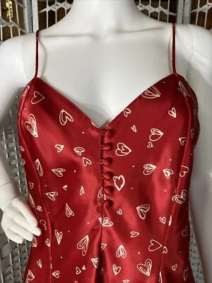 VTG Kathryn Lingerie Women's Large Chemise Red Satin w Heart Motif Button Front - Image 1 of 4