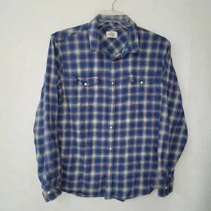 Marine Layer Shirt Mens L Blue Plaid Cotton Pearl Snap Front Long Sleeve Hiking - Picture 1 of 13