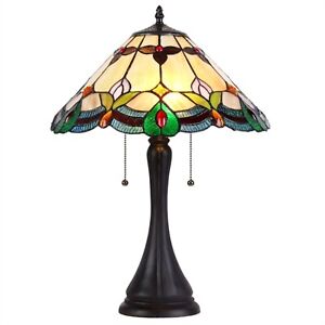 Tiffany Style Victorian Table Lamp Amber Green Stained Glass Bronze Finish 22" H