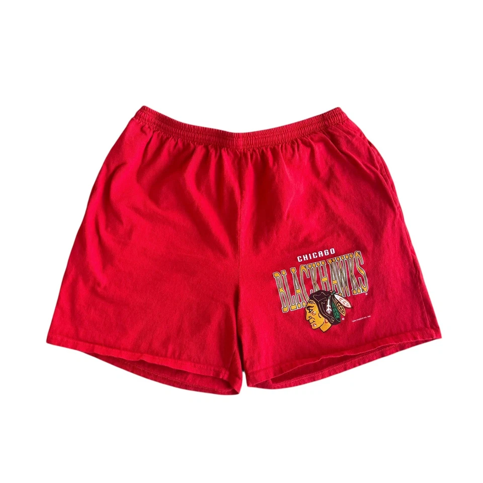 Pantalones Cortos De Colección Años 90 Chicago Blackhawks Para Hombre Grandes Rojos NHL Hockey Sudor Polar Foto 1 de 4