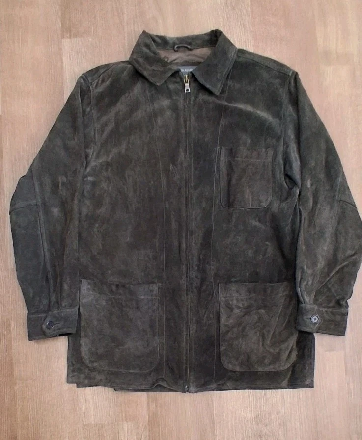 Banana Republic Hombres Pequeña Gamuza Cuero Chaqueta Marrón Cremallera Completa Tareas Clásicas   Foto 1 de 4