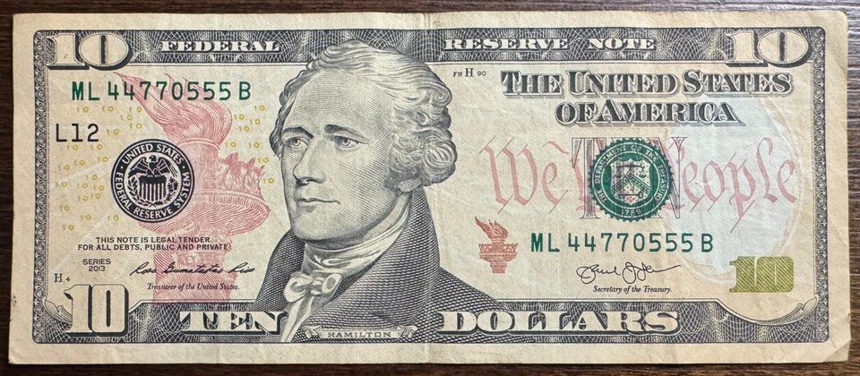 2013 $10 Ten Dollar Bill Fancy Serial Number 44 77 0 555 - Image 1 of 3