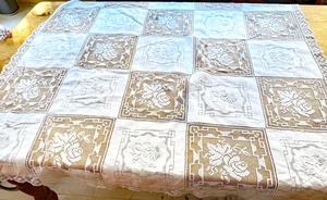 Mantel de té vintage bordado a mano de lino ejército/azul marino ZZ640 - Imagen 1 de 5