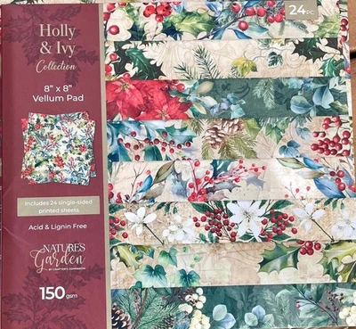 Crafters Companion Holly Ivy Vellum 8 x 8” Christmas Bird Music Script 24 Pc OOP - Image 1 of 4
