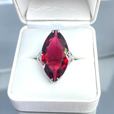Ruby Ring, 13ct Simulated Gem, Art Deco Sterling Silver Filigree #75 - Image 1 of 4