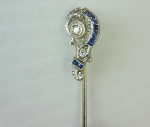 Vintage Antiguo 14k Oro Blanco Francés Corte Diamante Zafiro Filigrana Palo Pin - Picture 1 of 9