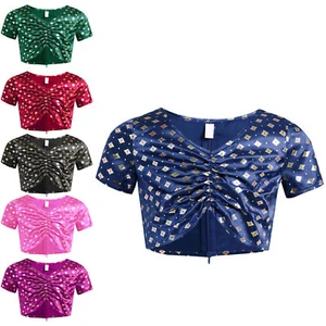 Kids Girls Crop Top Wedding T-shirt Ruched Blouse Party Tops Metallic Vest Tee - Picture 1 of 50