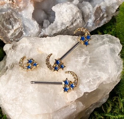 ПАРА CZ полумесяц Луна с голубыми звездами соски кольца щит штанги 14g 14 калибра - Изображение 1 из 2