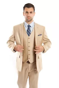 Men's Tailored Fit Suit Two Button Textured Three Piece Jacket Business Suits - Picture 1 of 17