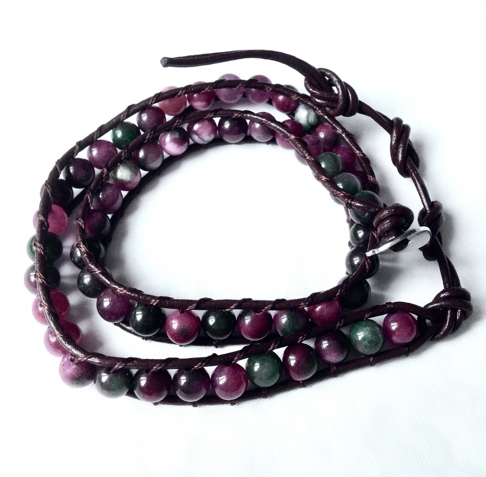 Pulsera de Ágata Natural Rojiza Genuina Marrón Cuero Real 2 Envolturas Boho Hecha a Mano Foto 1 de 3