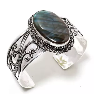 Blue Fire Labradorite Gemstone 925 Sterling Silver Cuff Bracelet Jewelry Adj - Picture 1 of 3