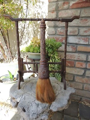 Pincel de escultura em madeira antigo tradicional chinês antigo com Dragan Patten.15"L - Imagem 1 de 4