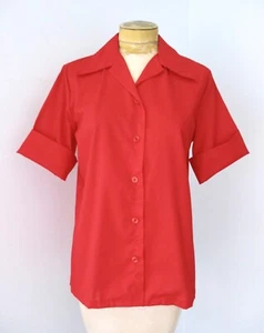 Vintage 60er Tomatenrot Polycotton Knopf Bluse Top Dolchkragen gedrechselte Manschetten 36 - Bild 1 von 6