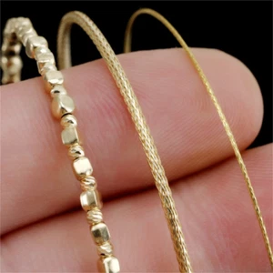 Pure 18K Yellow Gold Chain Women Lucky Beads Chain Wheat Link Bracelet - Picture 1 of 17