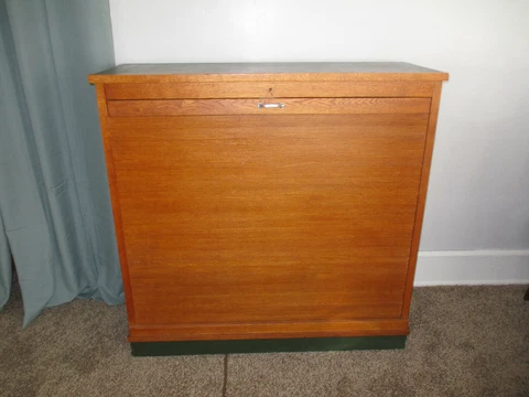 Antique French Tiger Oak Tambour Fronted Green Leather Top Filing Cabinet Cover