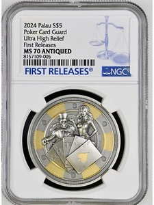 2024 Palau $5 1oz Silver Poker Card Guard Antiqued Gilded Coin NGC 70 FR - Picture 1 of 6
