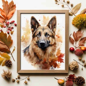 German Shepherd in Autumn Print, Modern Dog Painting, Pet Portrait - Picture 1 of 9