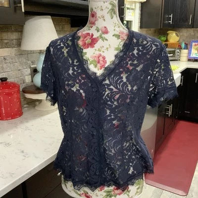 Cárdigan Cabi Azul Marino Encaje Londres Top Estilo #3073 Talla Mediana Femenino Transparente Foto 1 de 4