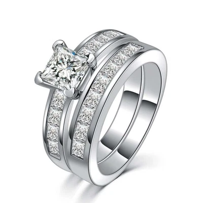 Juego de anillos de boda 2 en 1 corte princesa AAA CZ platino chapado para mujer talla 5-10 Foto 1 de 4