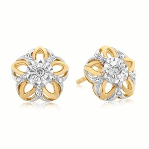 Zamel's 9ct Two Tone Gold & Diamond Flower Set Stud Women's Elegant Earrings - Picture 1 of 1