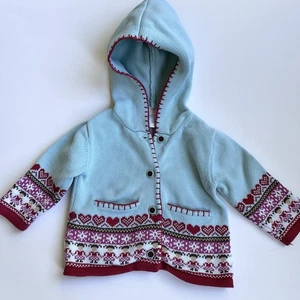 JANIE AND JACK Maglione Cardigan con Cappuccio Bambina Tg 6-12 Mesi Cuori Fair Isle - Foto 1 di 5