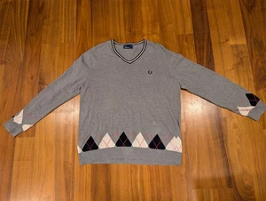 Vintage Fred Perry Jumper Men's Large Grey Argyle Cotton V-Neck Pullover Sweater - Picture 1 of 8