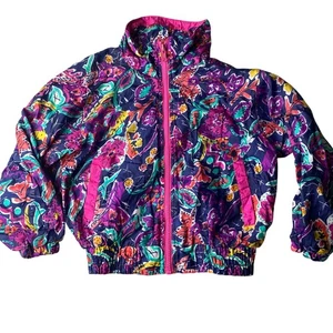 Vintage Windbreaker Abstrakt Blumen Basic Outlook Mädchen Gr. Medium Rosa  - Bild 1 von 7