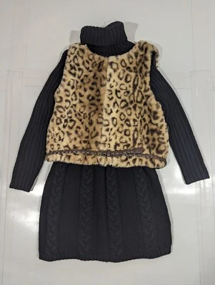 Rachel Zoe Girl's Turtleneck Dress Black Size Sm 5-6 Leopard Vest & Braided Belt - Image 1 of 4