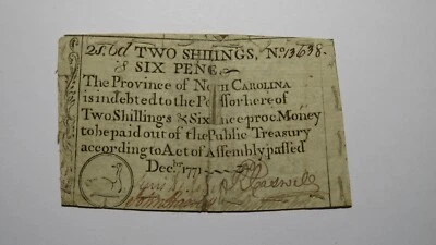 1771 Two Shillings Six Pence North Carolina NC Colonial Currency Note Bill 2s6d - Image 1 of 2