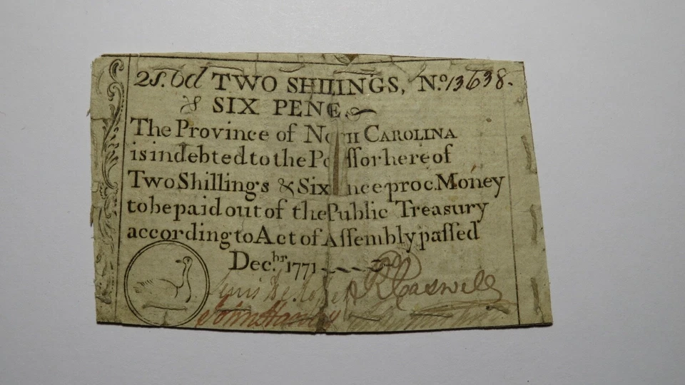 1771 Two Shillings Six Pence North Carolina NC Colonial Currency Note Bill 2s6d - Image 1 of 2